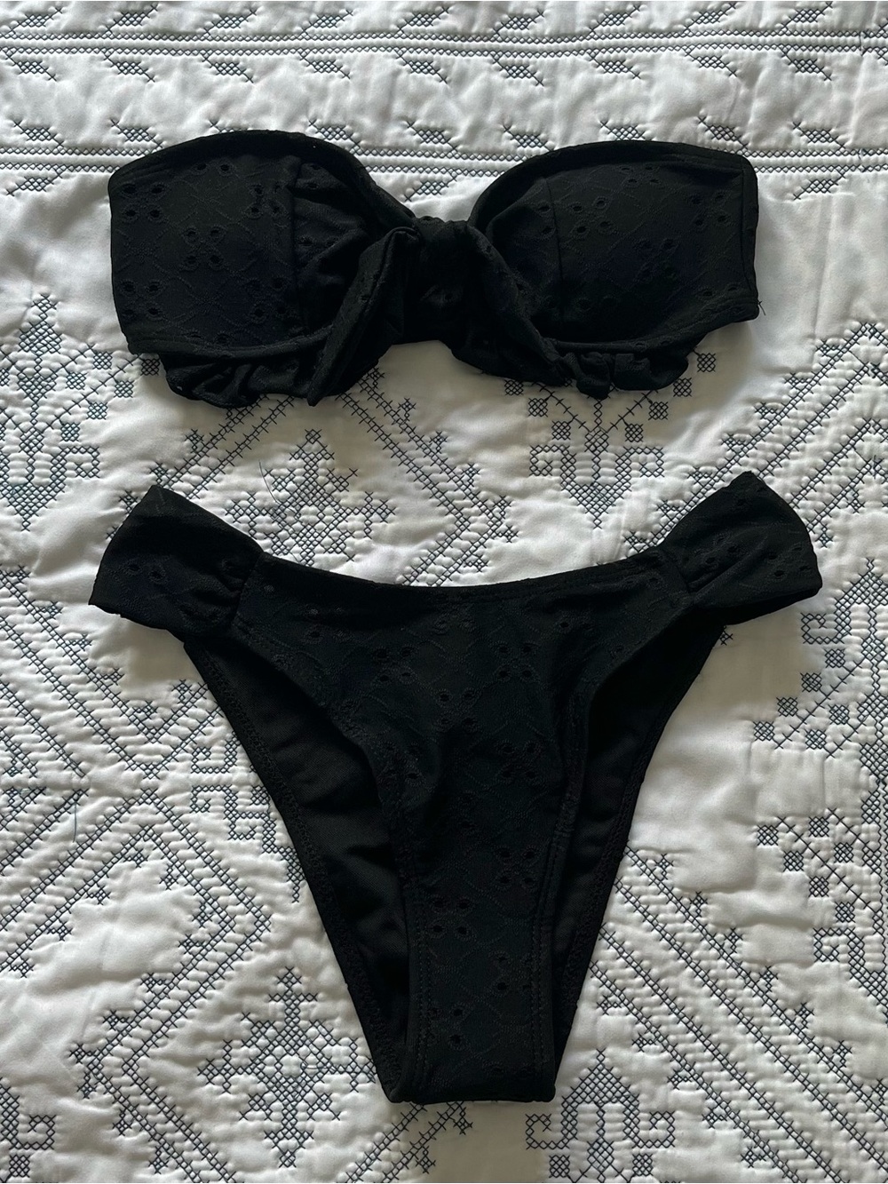 Black Strapless Eyelet Bandeau Bikini Set